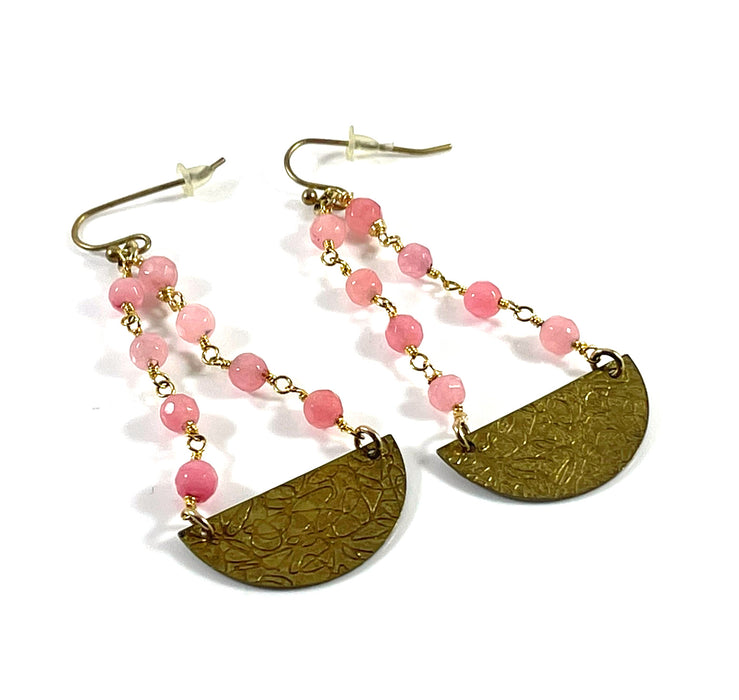 Pink Jade & Textured Brass Drop Earrings – 14k Gold Filled