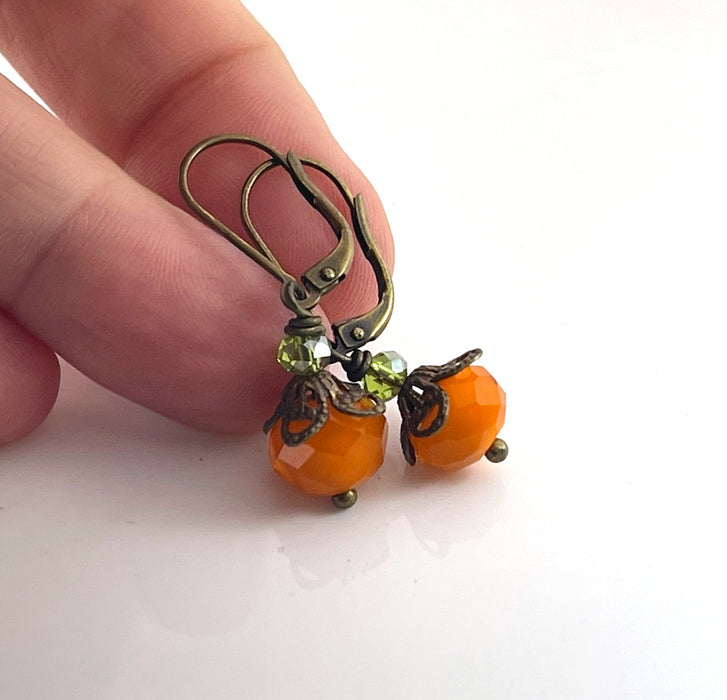 Czech Glass Pumpkin Earrings – Orange & Green Crystal Drop Earrings
