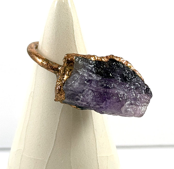 One of a Kind Raw Amethyst Electroformed Copper Ring – Rustic Crystal Statement Ring – Size 4