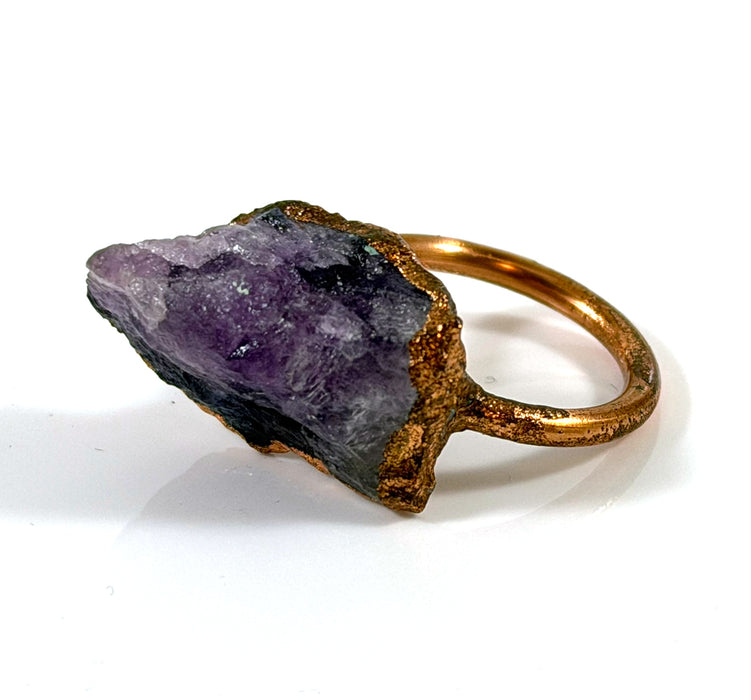 One of a Kind Raw Amethyst Electroformed Copper Ring – Rustic Crystal Statement Ring – Size 4