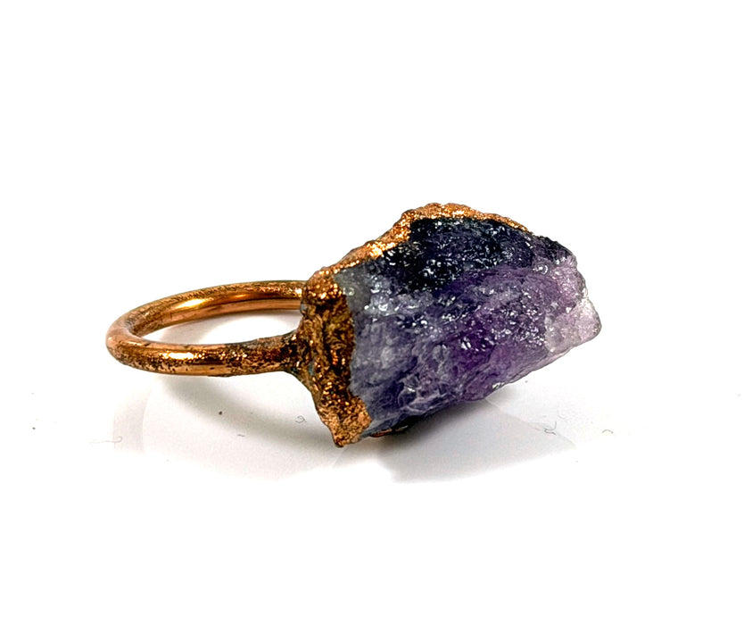 One of a Kind Raw Amethyst Electroformed Copper Ring – Rustic Crystal Statement Ring – Size 4