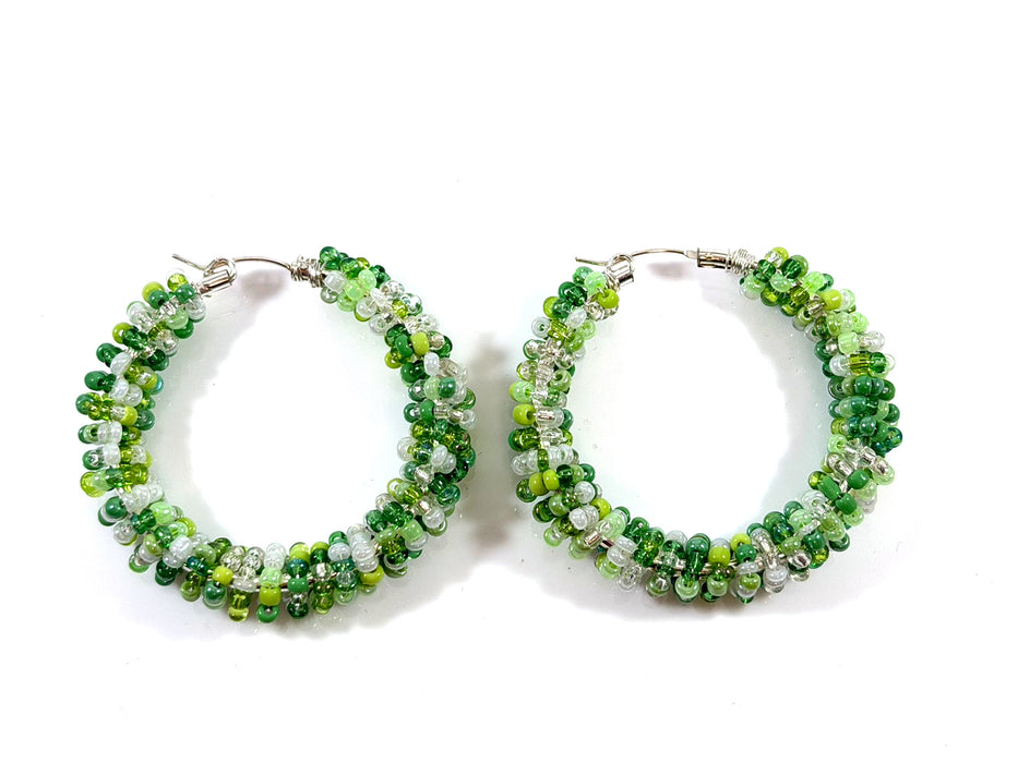 St. Patrick’s Inspired Green Beaded Hoop Earrings – Sterling Silver Wire Wrapped Seed Bead Hoops – 1.5 Inch Festive Statement Earrings