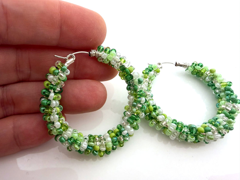 St. Patrick’s Inspired Green Beaded Hoop Earrings – Sterling Silver Wire Wrapped Seed Bead Hoops – 1.5 Inch Festive Statement Earrings