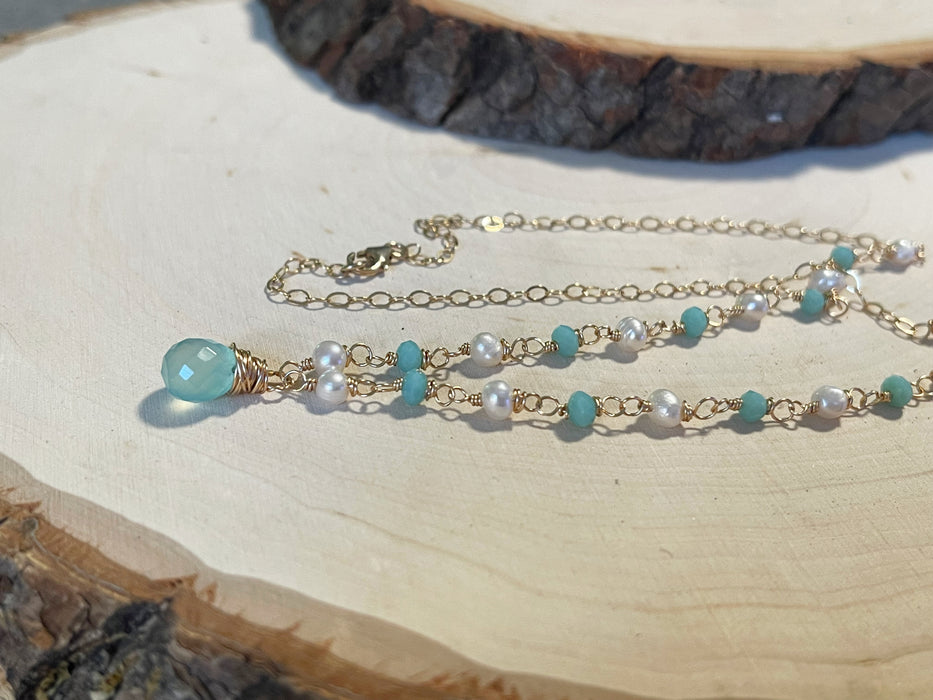 Aquamarine and Freshwater Pearl 14k Gold Filled Necklace