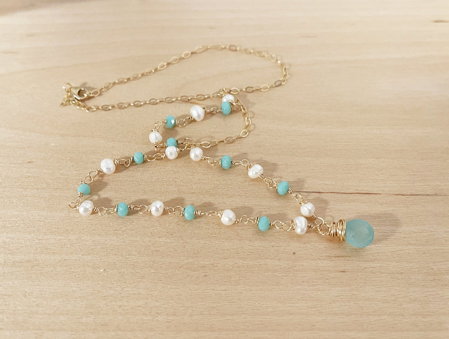 Aquamarine and Freshwater Pearl 14k Gold Filled Necklace