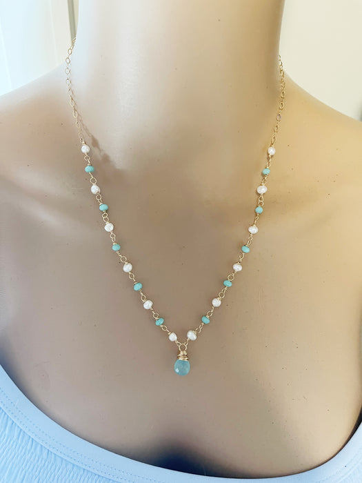 Aquamarine and Freshwater Pearl 14k Gold Filled Necklace