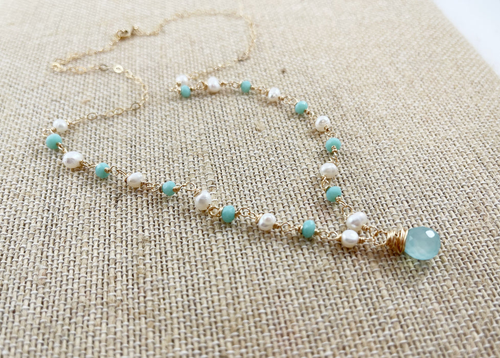 Aquamarine and Freshwater Pearl 14k Gold Filled Necklace