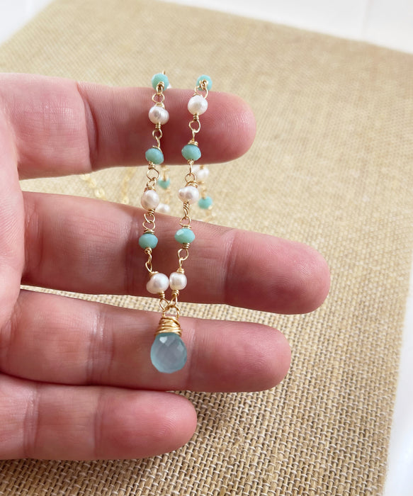 Aquamarine and Freshwater Pearl 14k Gold Filled Necklace