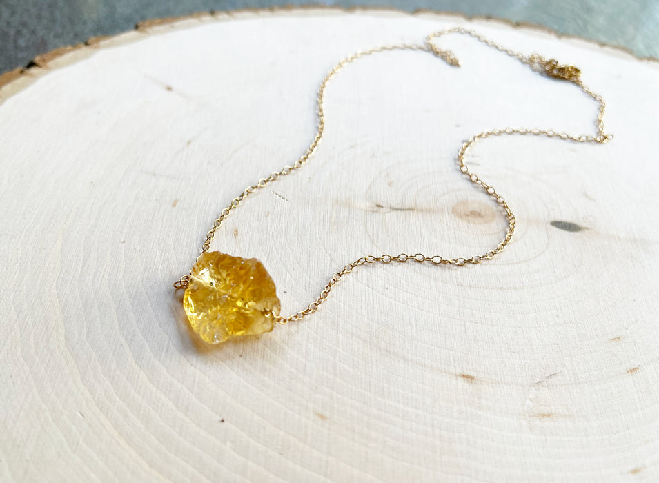 Raw Citrine Gemstone 14k Gold Necklace