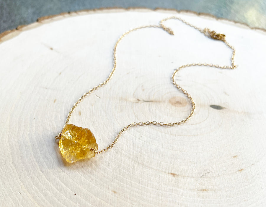 Raw Citrine Gemstone 14k Gold Necklace