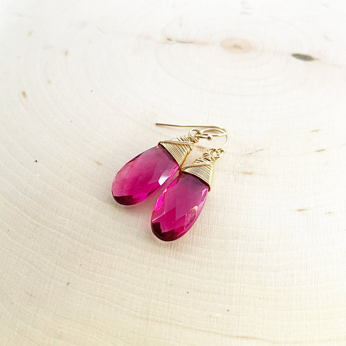 Rubellite Pink Tourmaline Quartz Gold Filled Earrings