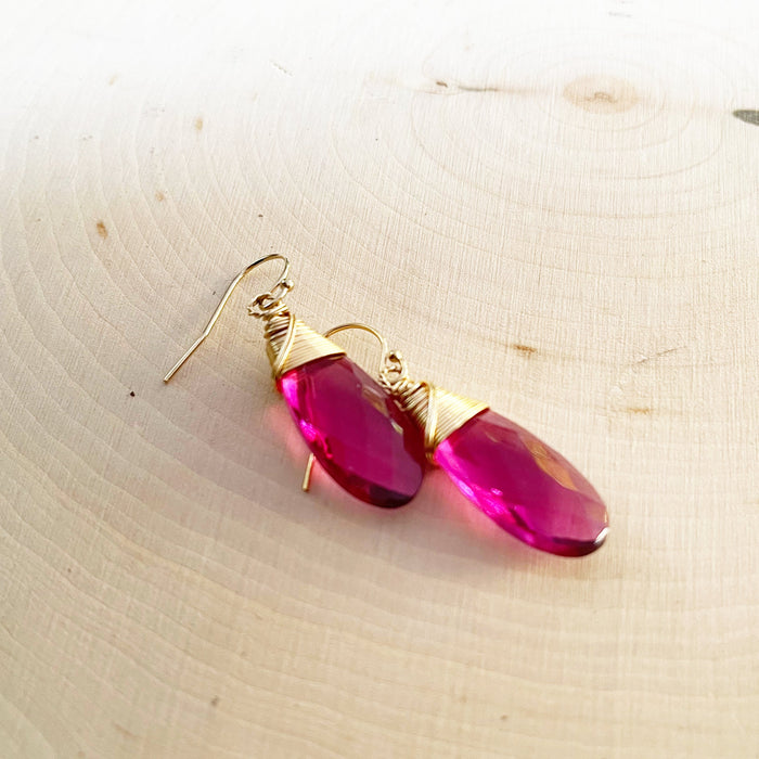 Rubellite Pink Tourmaline Quartz Gold Filled Earrings