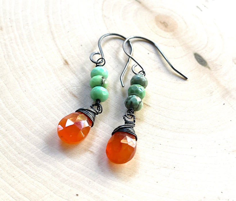 Carnelian and African Turquoise Gemstone Oxidized Sterling Silver Earrings