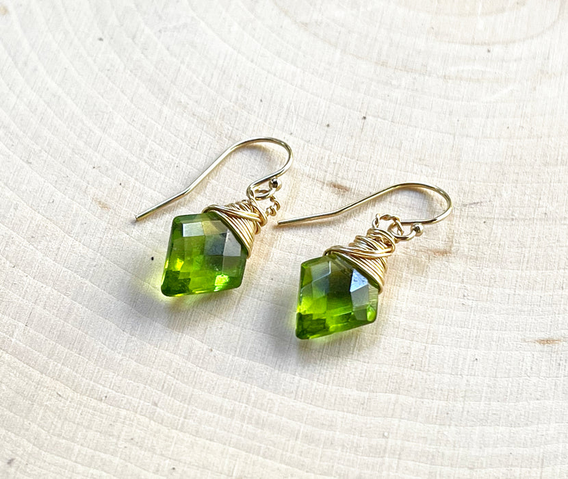 Peridot Gemstone Diamond Shape Briolette Earrings in 14k Gold Fill