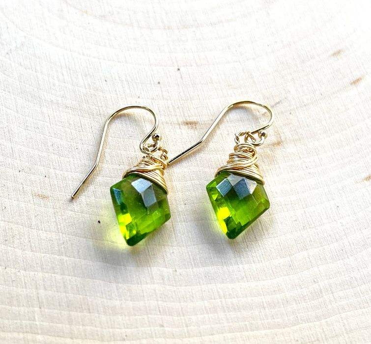 Peridot Gemstone Diamond Shape Briolette Earrings in 14k Gold Fill