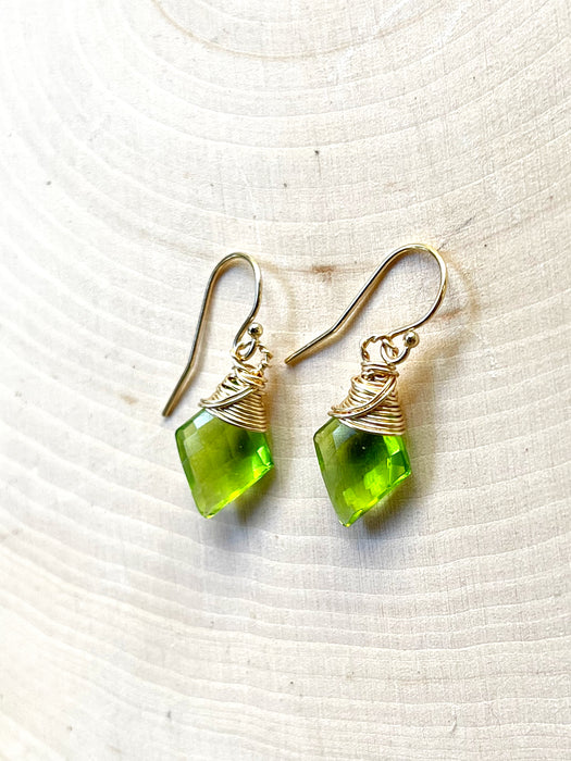 Peridot Gemstone Diamond Shape Briolette Earrings in 14k Gold Fill