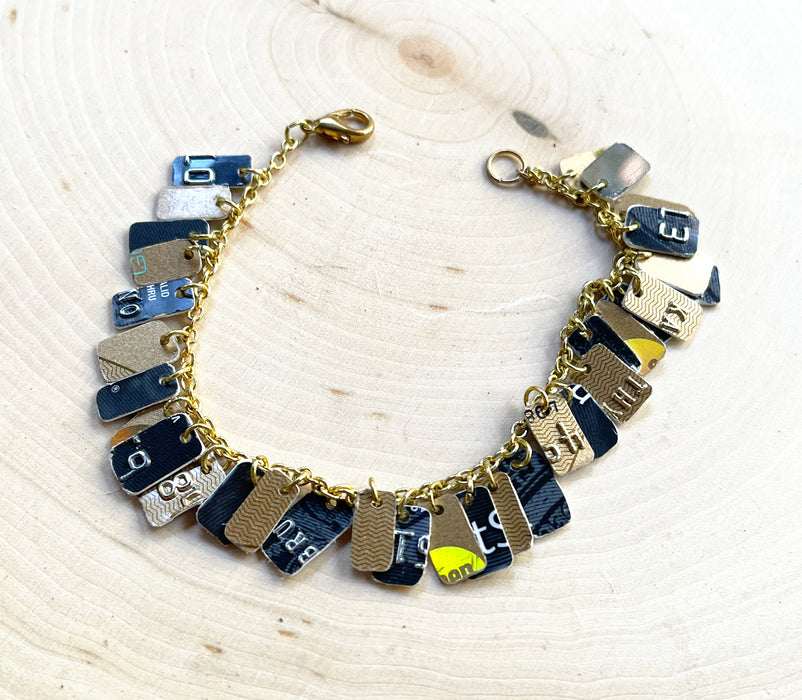 Upcycled Credit Card Black and Gold OOAK Bracelet