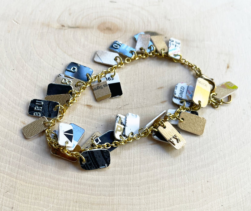 Upcycled Credit Card Black and Gold OOAK Bracelet