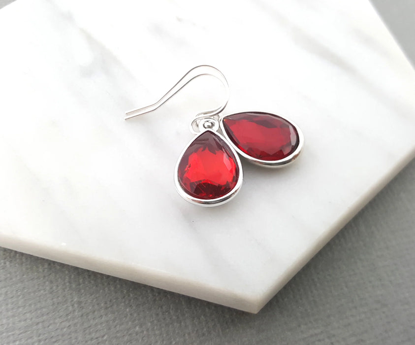 January Birthstone Earrings – Garnet Red Crystal Teardrop Earrings in Sterling Silver