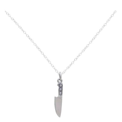 product photo of sterling silver chain with sterling knife charm on white background