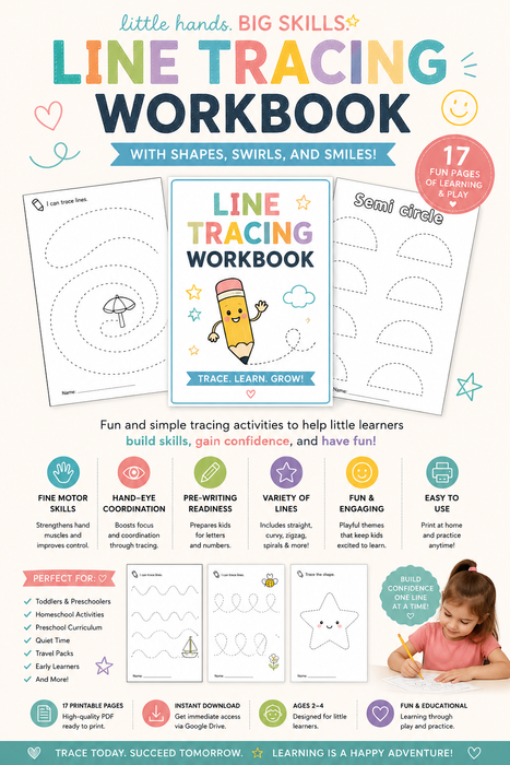 “I Can Trace!” – Fun & Easy Line Tracing Workbook for Toddlers (17 Pages) – Instant Download PDF