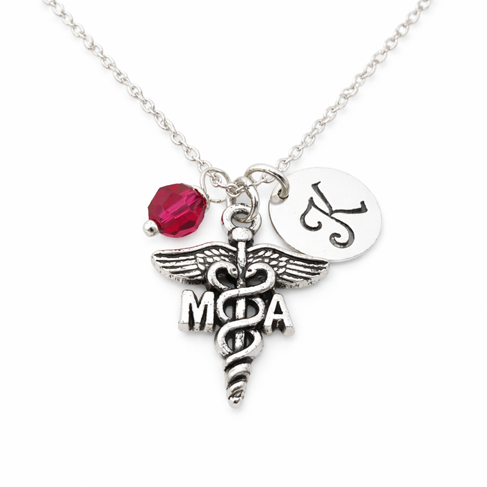 Medical Assistant Necklace – Sterling Silver with Birthstone & Initial Charm