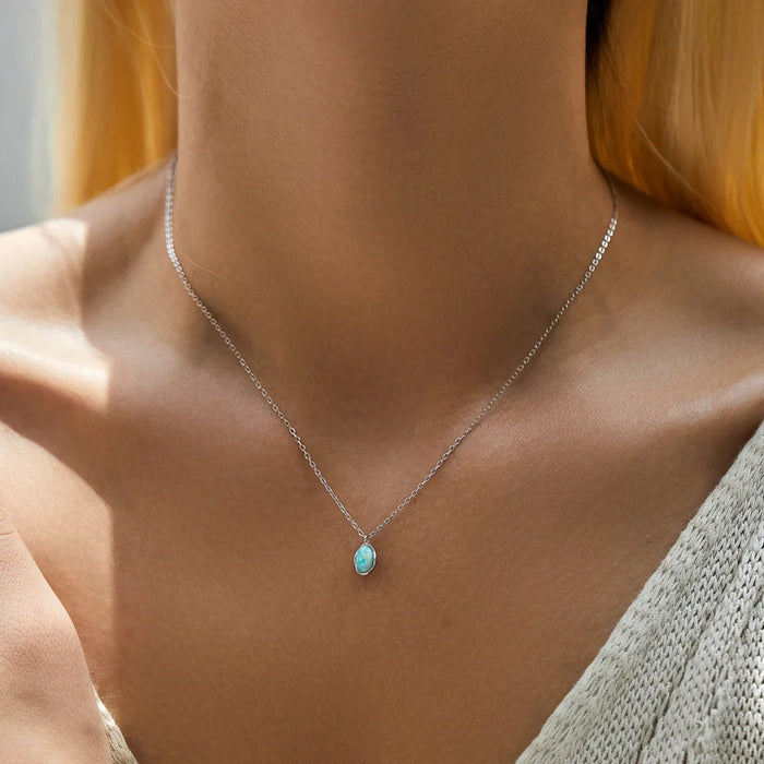 Tiny Opal Necklace – Dainty 16" Sterling Silver Chain with Oval Charm