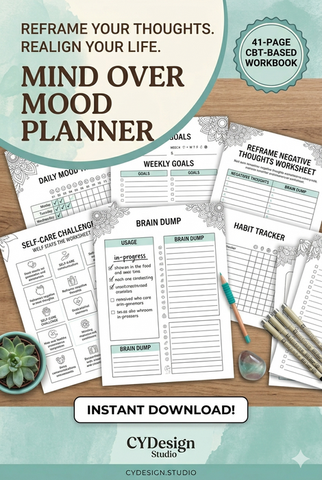 Mind Over Mood Planner – 41-Page CBT-Based Mental Wellness Workbook (Printable PDF)