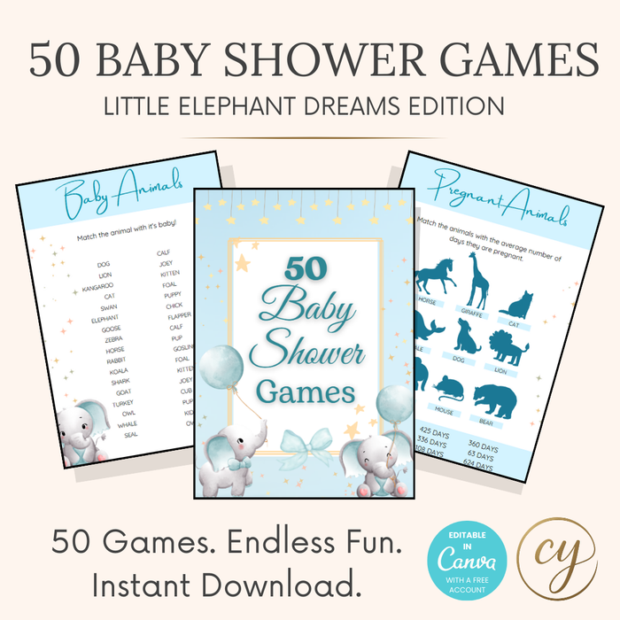 50 Baby Shower Games Printable Bundle – Little Elephant Theme