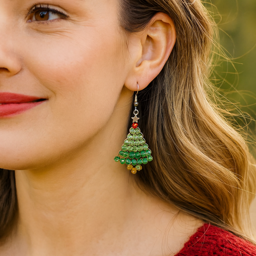 Close-up of a woman wearing a green Christmas tree earring with a blurred outdoor background
