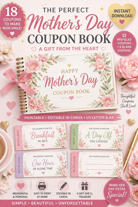 Elegant Mother’s Day Coupon Book Printable | 12 Prefilled + 6 Blank Coupons