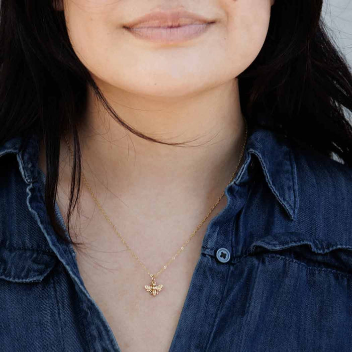 Gold Filled Bumble Bee Necklace – Gold Bee Charm on 18” Cable Chain