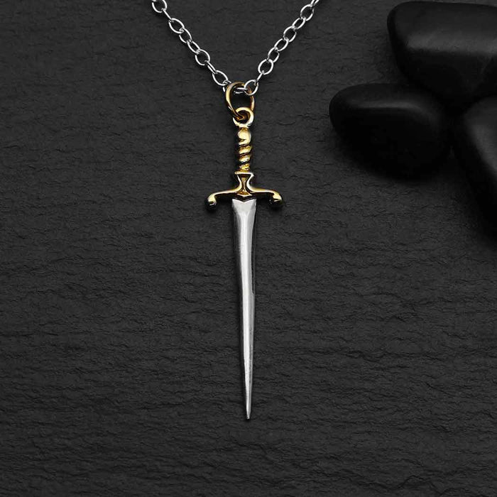 Sterling Silver Sword Necklace with Bronze Handle – Handmade Jewelry