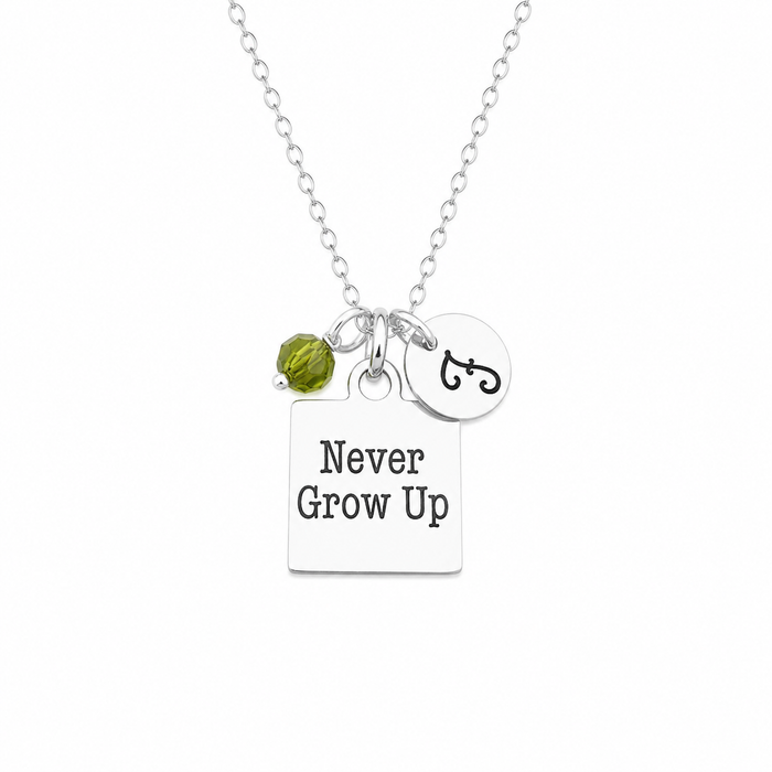 Never Grow Up Necklace – Sterling Silver with Birthstone & Initial Charm