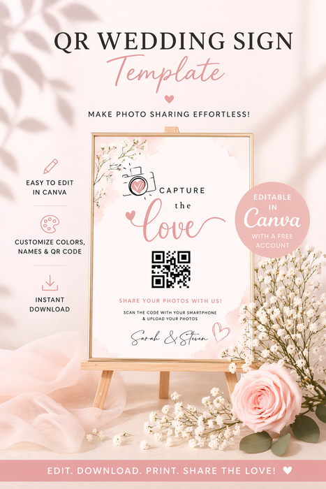 Capture the Love – Editable QR Code Wedding Sign Template (Canva) | Instant Download