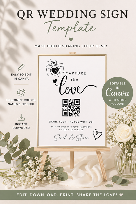 Capture the Love – Editable QR Code Wedding Sign Template (Canva) | Instant Download
