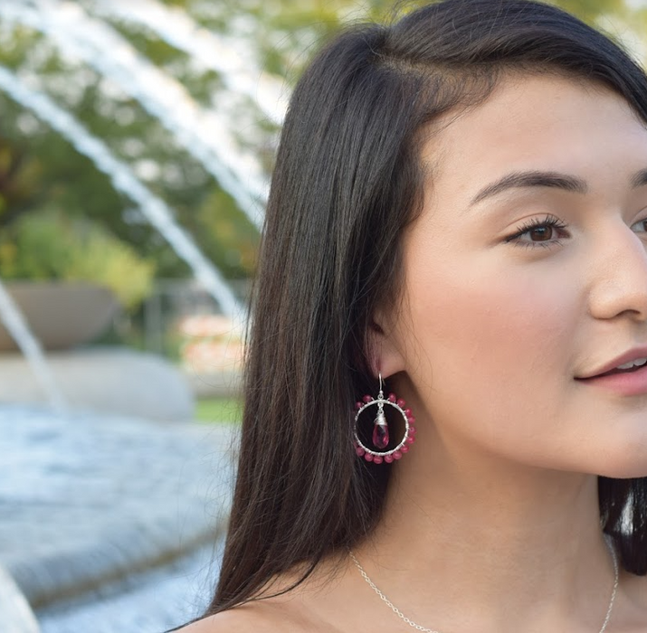 Pink Sapphire and Rubellite Gemstone Wire Wrapped Hoop Earrings