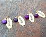 Hand-stamped "Breathe" brass necklace with purple chalcedony charm