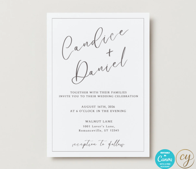 Modern black and white wedding invite design - printable download