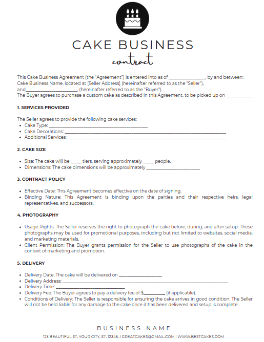 Cake Business Contract Template – 3-Page Editable Canva Form (Instant Download)