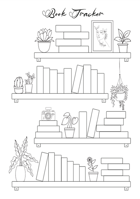 Bookshelf Coloring Pages Bundle – Printable Book Tracker (5 Unique Designs, PDF Download)