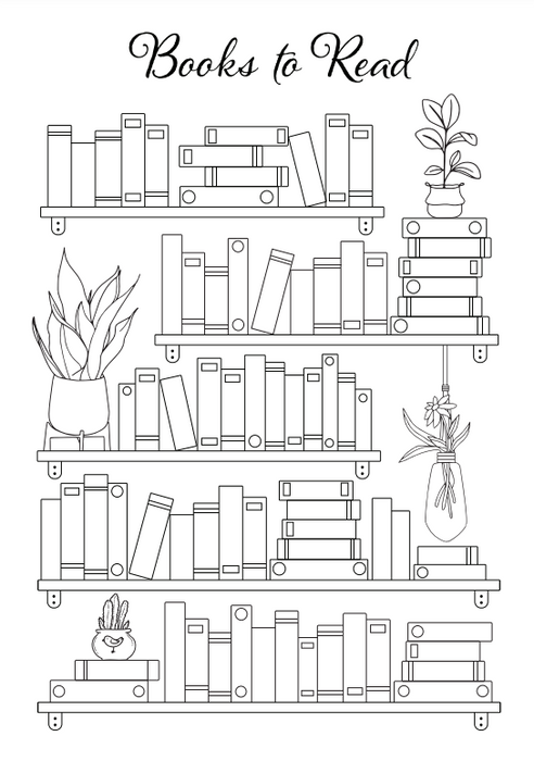 Bookshelf Coloring Pages Bundle – Printable Book Tracker (5 Unique Designs, PDF Download)