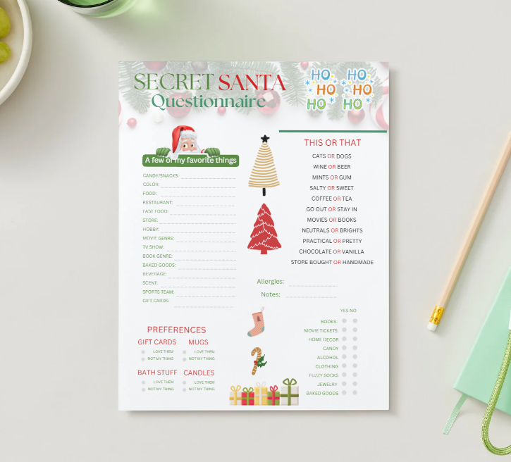 Editable Secret Santa Questionnaire & Sign-Up Sheet – Canva Template (Printable PDF)
