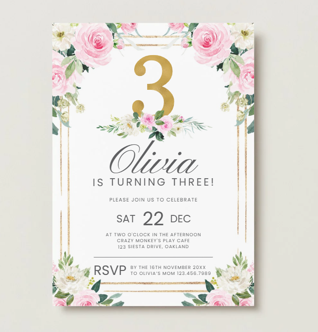 3rd Birthday Invitation Template | Pink Floral Birthday Invite | Editable Canva Template
