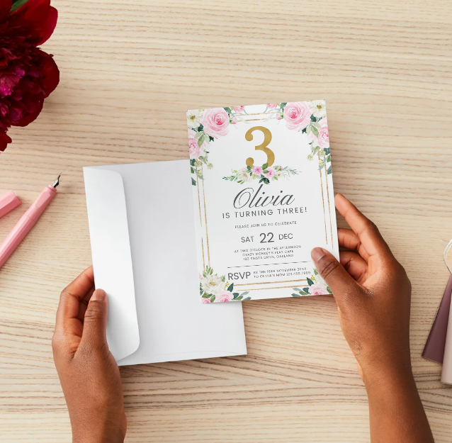 3rd Birthday Invitation Template | Pink Floral Birthday Invite | Editable Canva Template