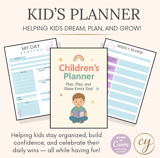 Kids printable planner with colorful daily, weekly, and monthly pages
