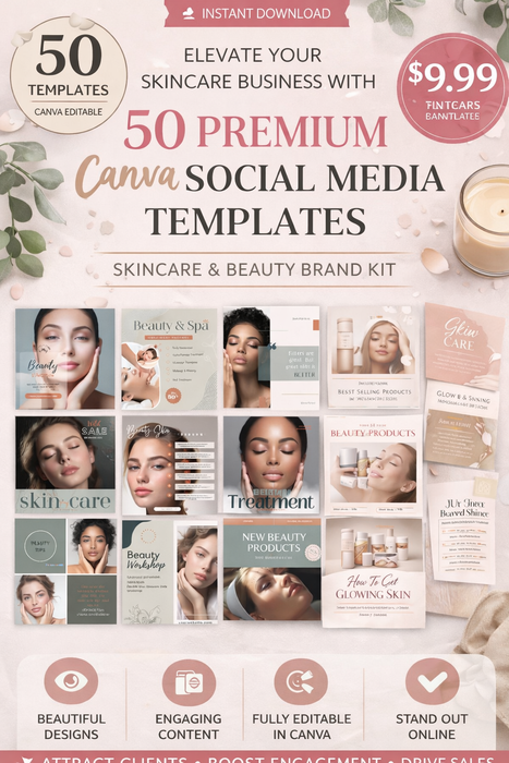 50 Premium Canva Social Media Templates – Skincare & Beauty Brand Kit