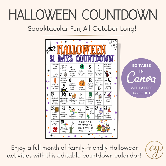 Halloween Countdown Printable – Editable Canva Template (Color + Black & White)