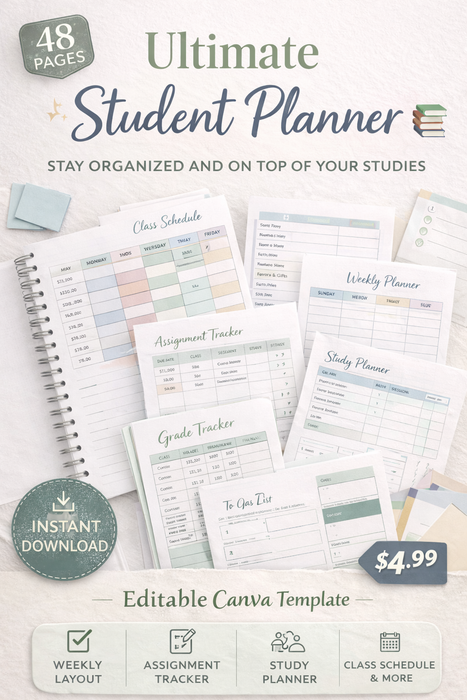 Student Life Organizer | 48-Page Printable & Canva Template