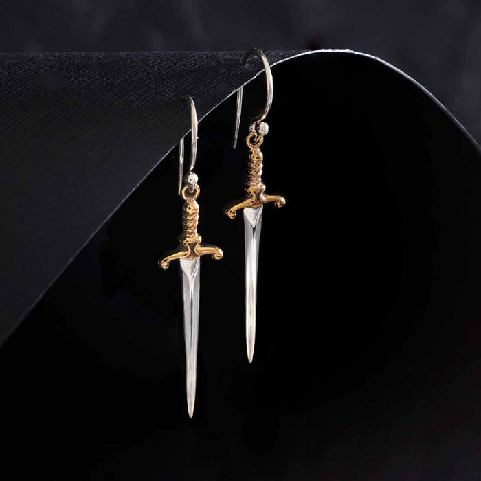 Sterling Silver Sword Earrings with Bronze Handles – Dagger Drop Earrings